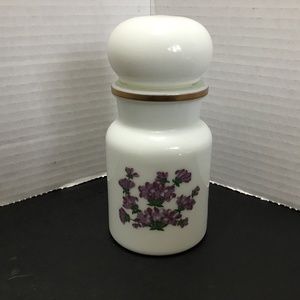 Vintage Milk Glass Apothecary Bottle with Purple Flowers, Made in Belgium